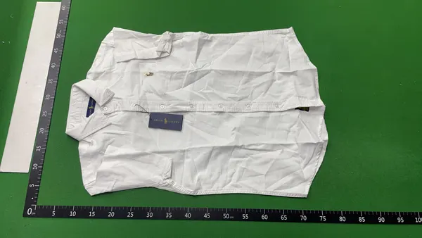 White Short-Sleeve Oxford Button-Down Shirt — warehouse QC photo 2