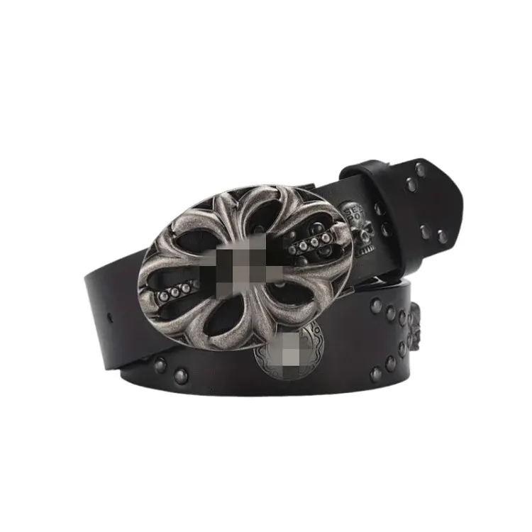 Black Leather Belt With Ornate Oval Buckle — merchant catalogue photo