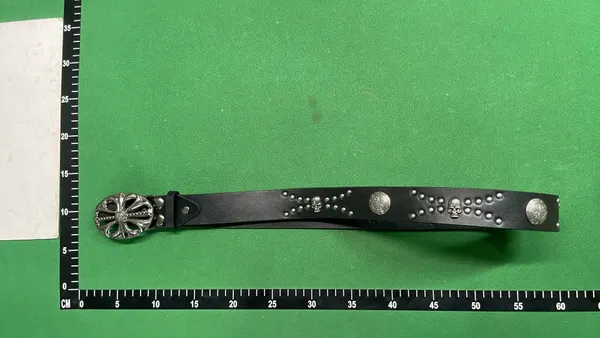 Black Leather Belt With Ornate Oval Buckle — warehouse QC photo 1
