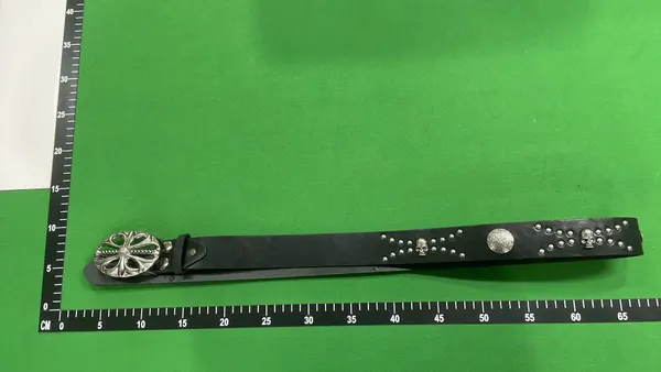 Black Leather Belt With Ornate Oval Buckle — warehouse QC photo 4