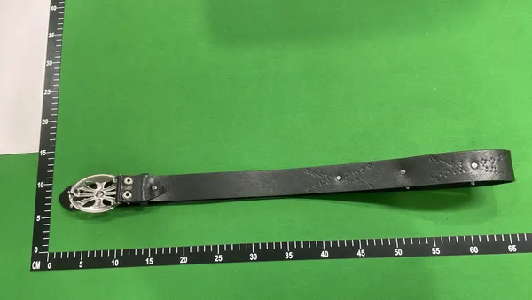 Black Leather Belt With Ornate Oval Buckle — warehouse QC photo 5