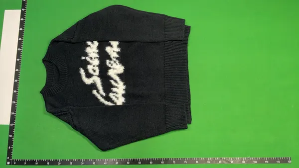 Black Fuzzy Knit Sweater With Script Graphic — warehouse QC photo 2