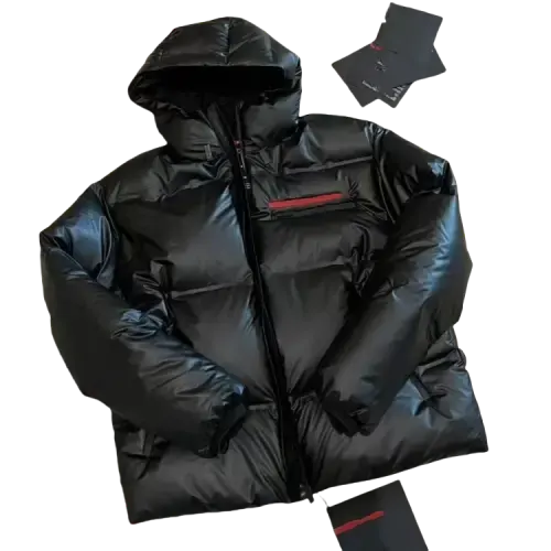 Glossy Black Hooded Puffer Jacket — merchant catalogue photo