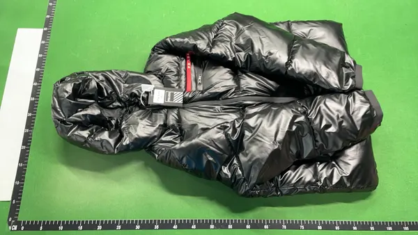 Glossy Black Hooded Puffer Jacket — warehouse QC photo 2