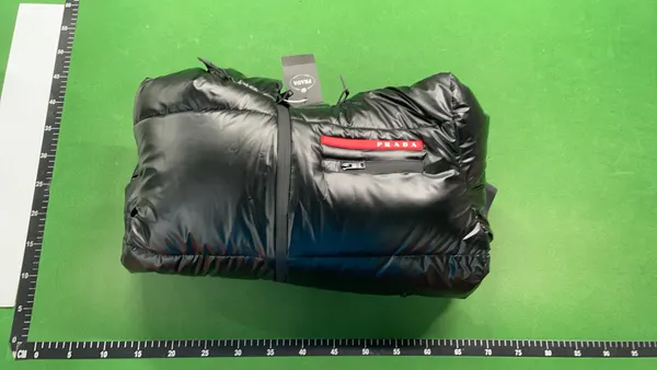 Glossy Black Hooded Puffer Jacket — warehouse QC photo 4