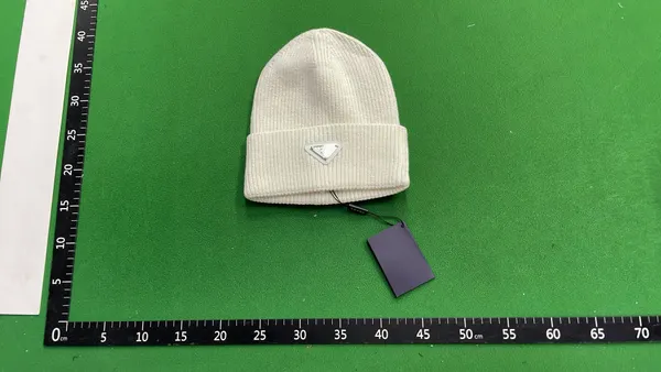 Ribbed Knit Cuffed Beanie With Triangle Badge (White) — warehouse QC photo 1