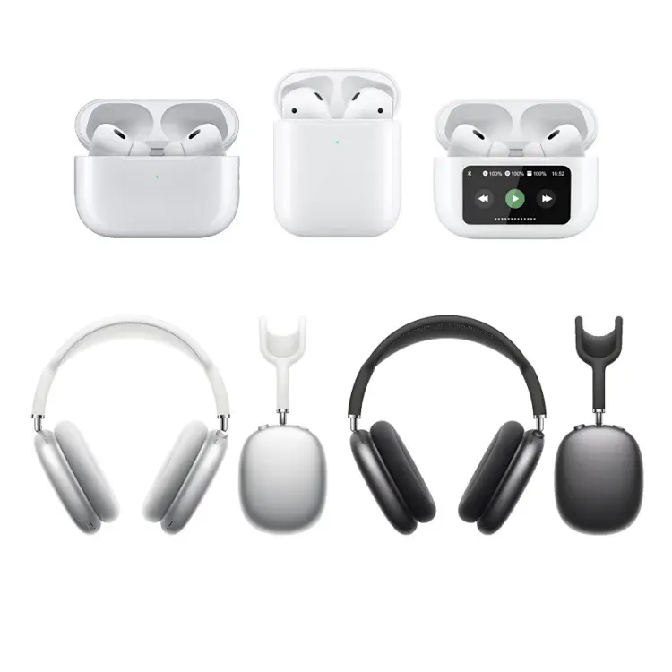 White Wireless Earbuds And Over-Ear Headphones — merchant catalogue photo