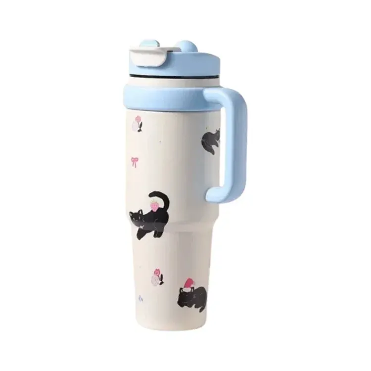 Cream Cat Print Insulated Tumbler With Handle — merchant catalogue photo