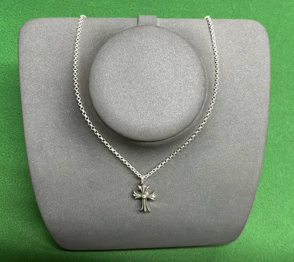 Silver Cross Pendant Necklace With Pave Stones — warehouse QC photo 1
