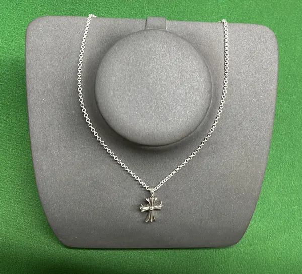 Silver Cross Pendant Necklace With Pave Stones — warehouse QC photo 2