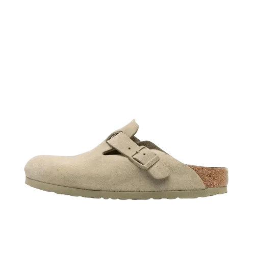Suede Buckle Clog Mules With Cork Footbed — merchant catalogue photo