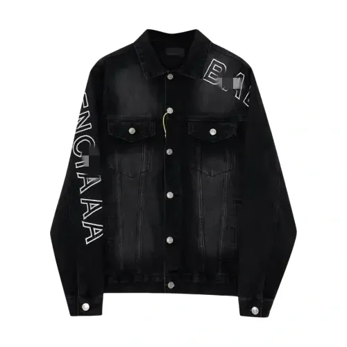 Black Denim Trucker Jacket With Sleeve Lettering — merchant catalogue photo