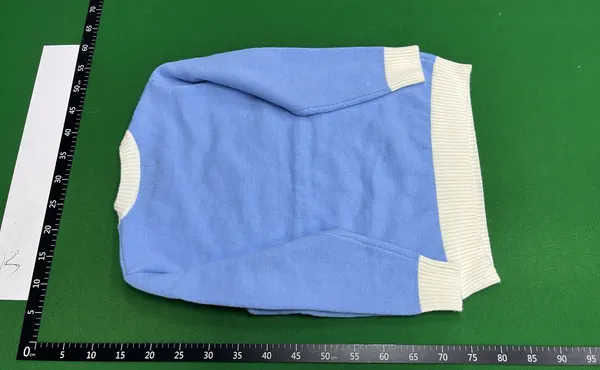 Light Blue Crewneck Sweater With Cream Trim — warehouse QC photo 3