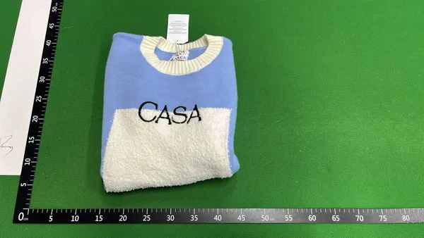 Light Blue Crewneck Sweater With Cream Trim — warehouse QC photo 4