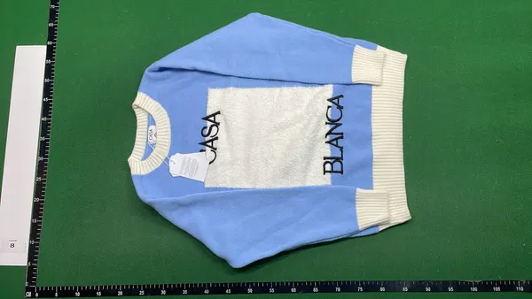 Light Blue Crewneck Sweater With Cream Trim — warehouse QC photo 6