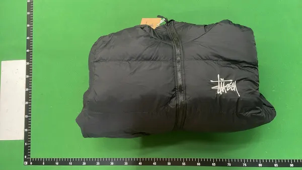 Black Hooded Puffer Jacket With Contrast Lining — warehouse QC photo 4