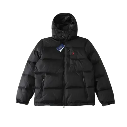 Black Glossy Hooded Puffer Jacket — merchant catalogue photo