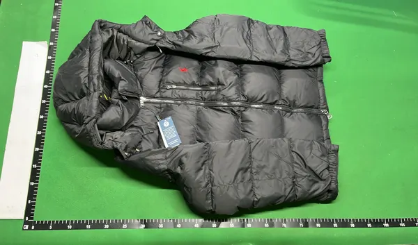Black Glossy Hooded Puffer Jacket (Blue) — warehouse QC photo 2