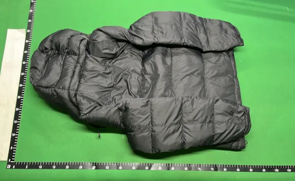 Black Glossy Hooded Puffer Jacket (Blue) — warehouse QC photo 3