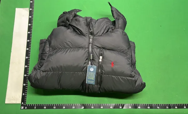 Black Glossy Hooded Puffer Jacket (Blue) — warehouse QC photo 4
