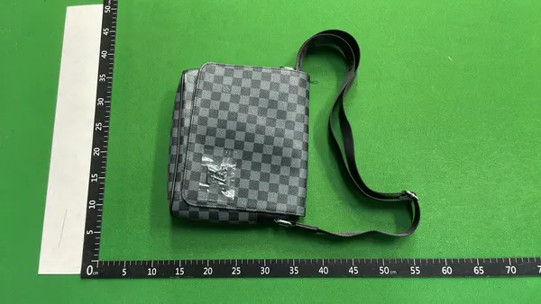 Black Monogram Print Flap Messenger Bag — warehouse QC photo 3