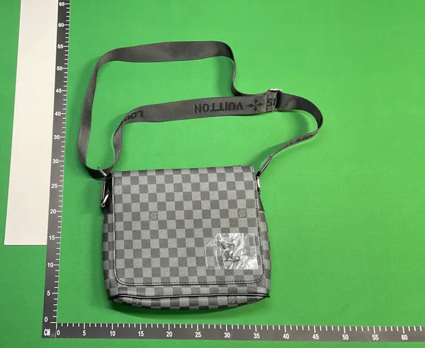 Black Monogram Print Flap Messenger Bag — warehouse QC photo 4