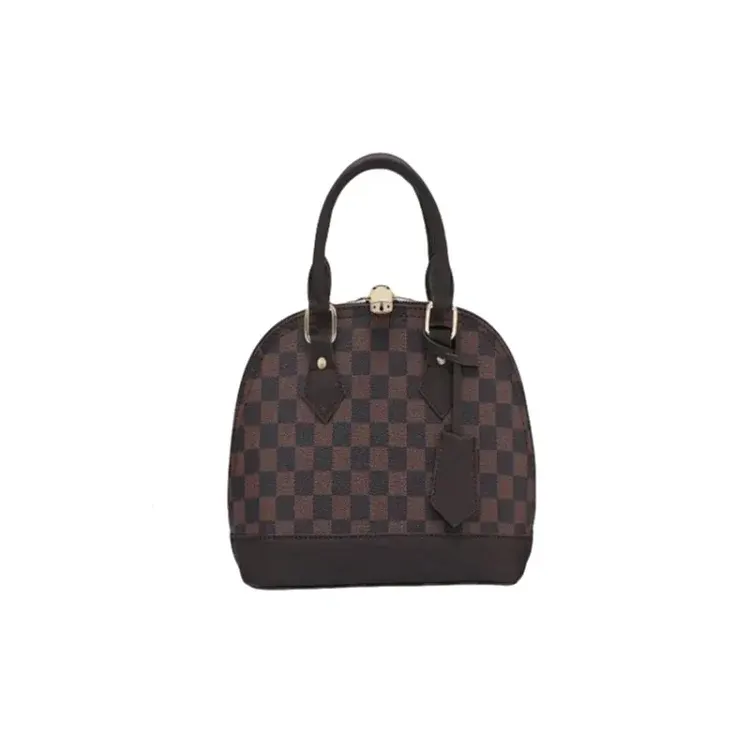 Brown Checkerboard Dome Handbag With Top Handles — merchant catalogue photo