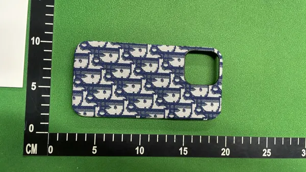 Beige Monogram Fabric Phone Case — warehouse QC photo 1
