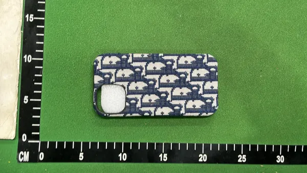 Beige Monogram Fabric Phone Case — warehouse QC photo 6