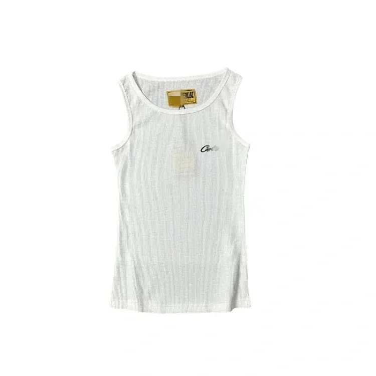 White Ribbed Tank Top With Script Embroidery — merchant catalogue photo