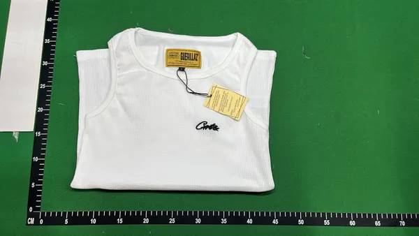 White Ribbed Tank Top With Script Embroidery — warehouse QC photo 4