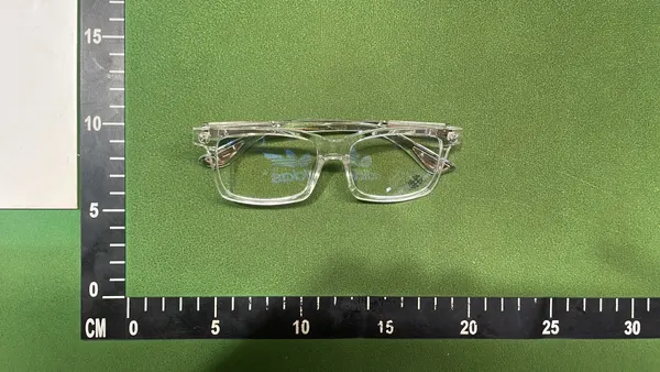Clear Square Frame Eyeglasses With Gold Accents — warehouse QC photo 3