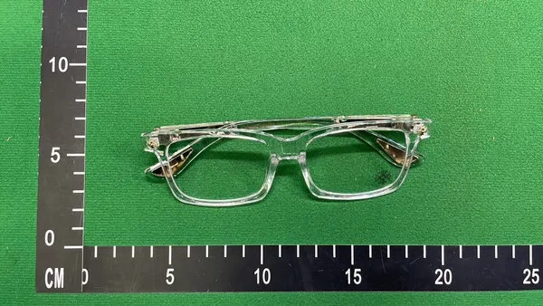 Clear Square Frame Eyeglasses With Gold Accents — warehouse QC photo 4