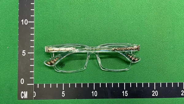 Clear Square Frame Eyeglasses With Gold Accents — warehouse QC photo 5