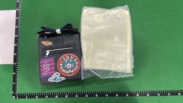 Black Monogram Crossbody Bag With Striped Strap — warehouse QC photo 6