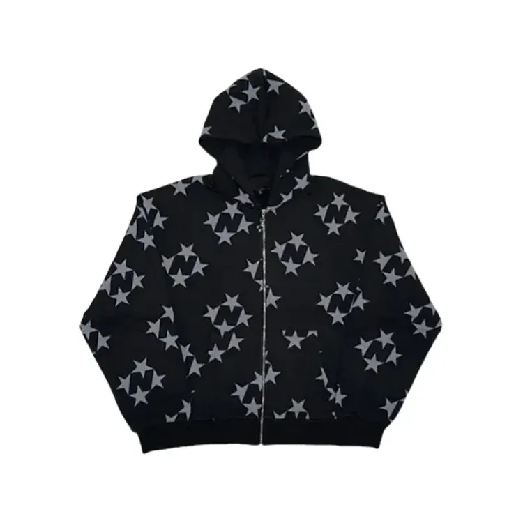 Black Zip-Up Hoodie With Allover Star Print — merchant catalogue photo