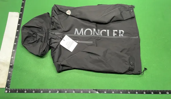 Black Hooded Shell Jacket With Vertical Text Print — warehouse QC photo 6