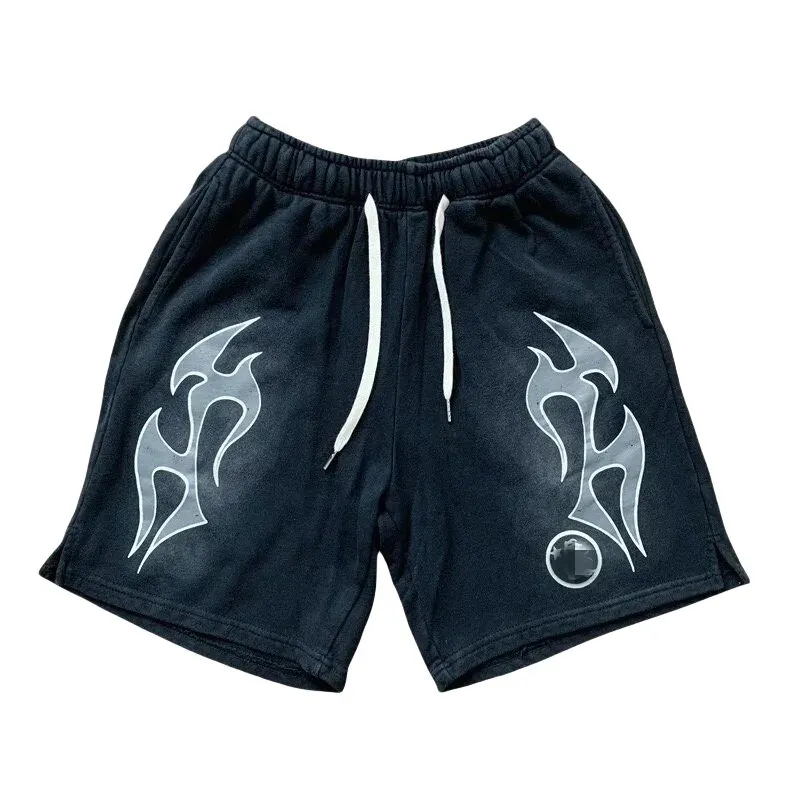 Black Flame Print Drawstring Sweat Shorts (Black) — merchant catalogue photo