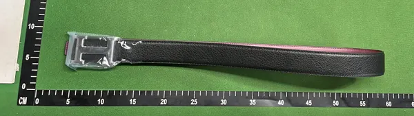 Black Leather Belt With Geometric Cutout Buckle — warehouse QC photo 1