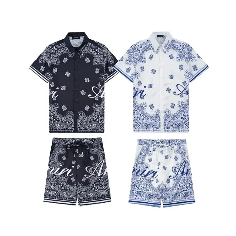 Navy Paisley Print Short Sleeve Shirt Set (Green) — merchant catalogue photo