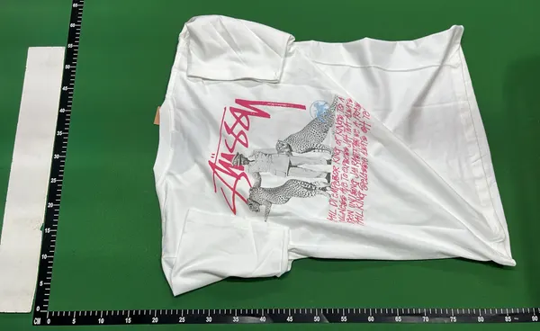 White Tee With Script Logo City Print — warehouse QC photo 3