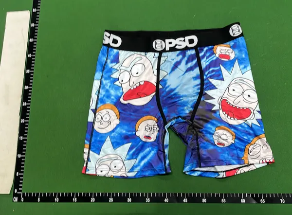 Purple Camo Boxer Briefs With Teeth Print — warehouse QC photo 2