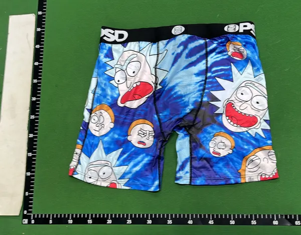 Purple Camo Boxer Briefs With Teeth Print — warehouse QC photo 3