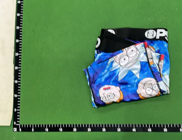 Purple Camo Boxer Briefs With Teeth Print — warehouse QC photo 4