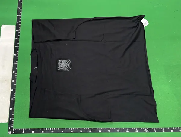 Black Boxy Tee With Printed Crest Graphic — warehouse QC photo 2