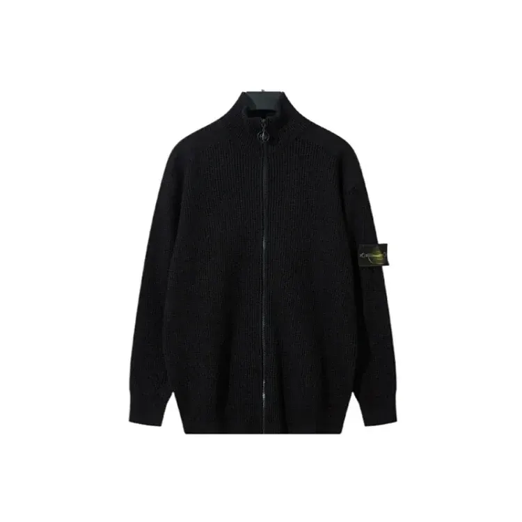 Black Ribbed Knit Zip-Up Cardigan With Sleeve Badge — merchant catalogue photo