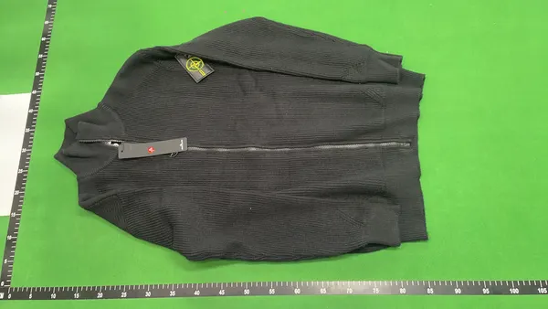 Black Ribbed Knit Zip-Up Cardigan With Sleeve Badge — warehouse QC photo 2