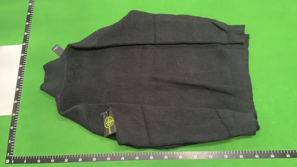 Black Ribbed Knit Zip-Up Cardigan With Sleeve Badge — warehouse QC photo 3