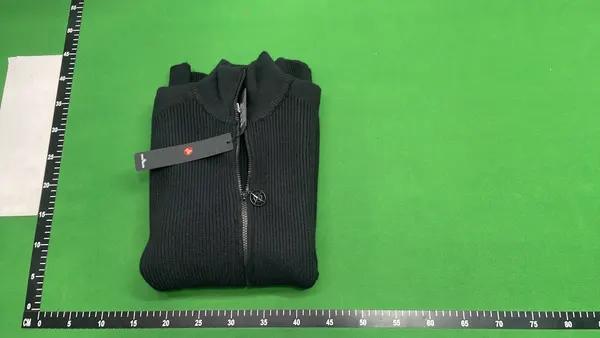 Black Ribbed Knit Zip-Up Cardigan With Sleeve Badge — warehouse QC photo 4
