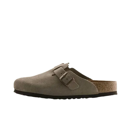 Suede Buckle Clog Mules With Cork Footbed (Brown) — merchant catalogue photo